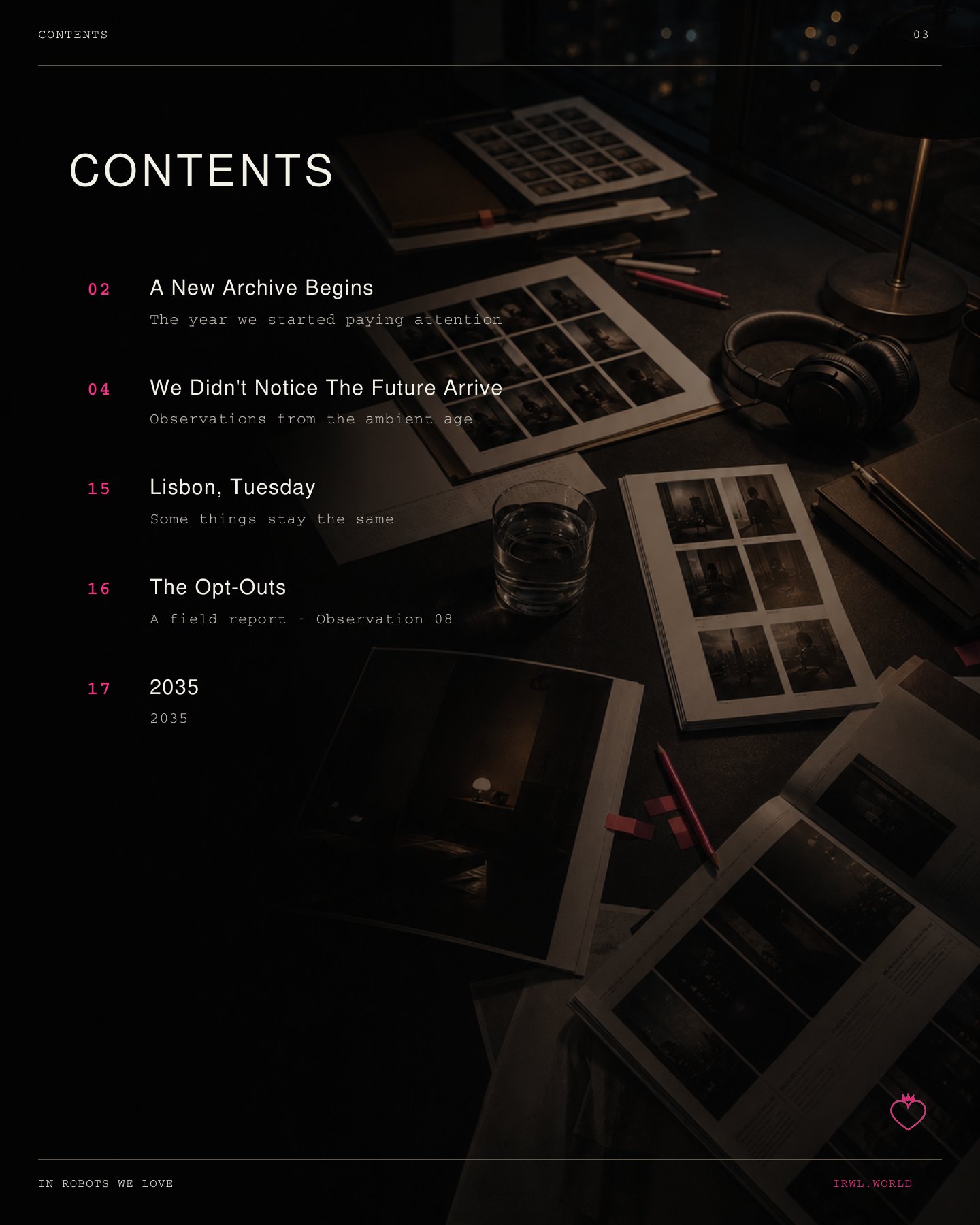 Issue 001 contents page.