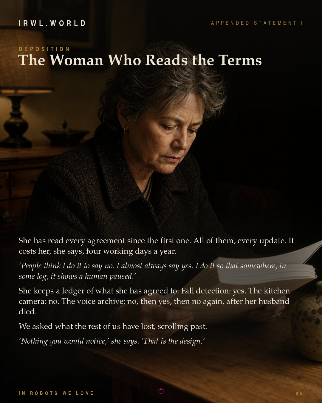 Deposition — The Woman Who Reads the Terms