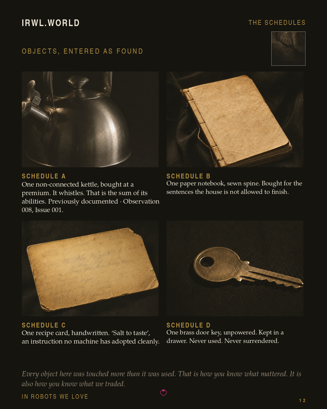 The Schedules — objects, entered as found