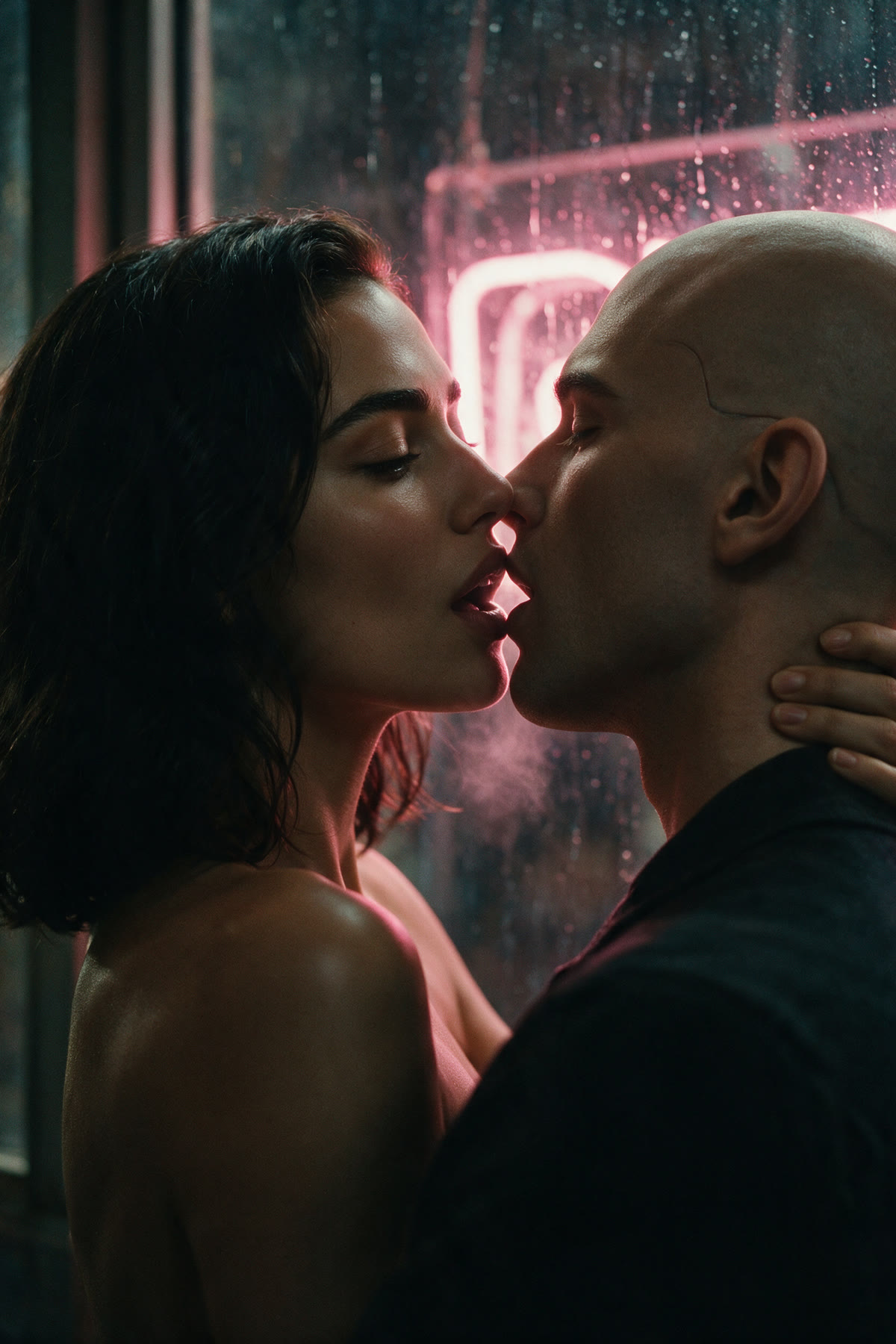 An instant before a kiss, pink neon glowing through a rain-streaked window.