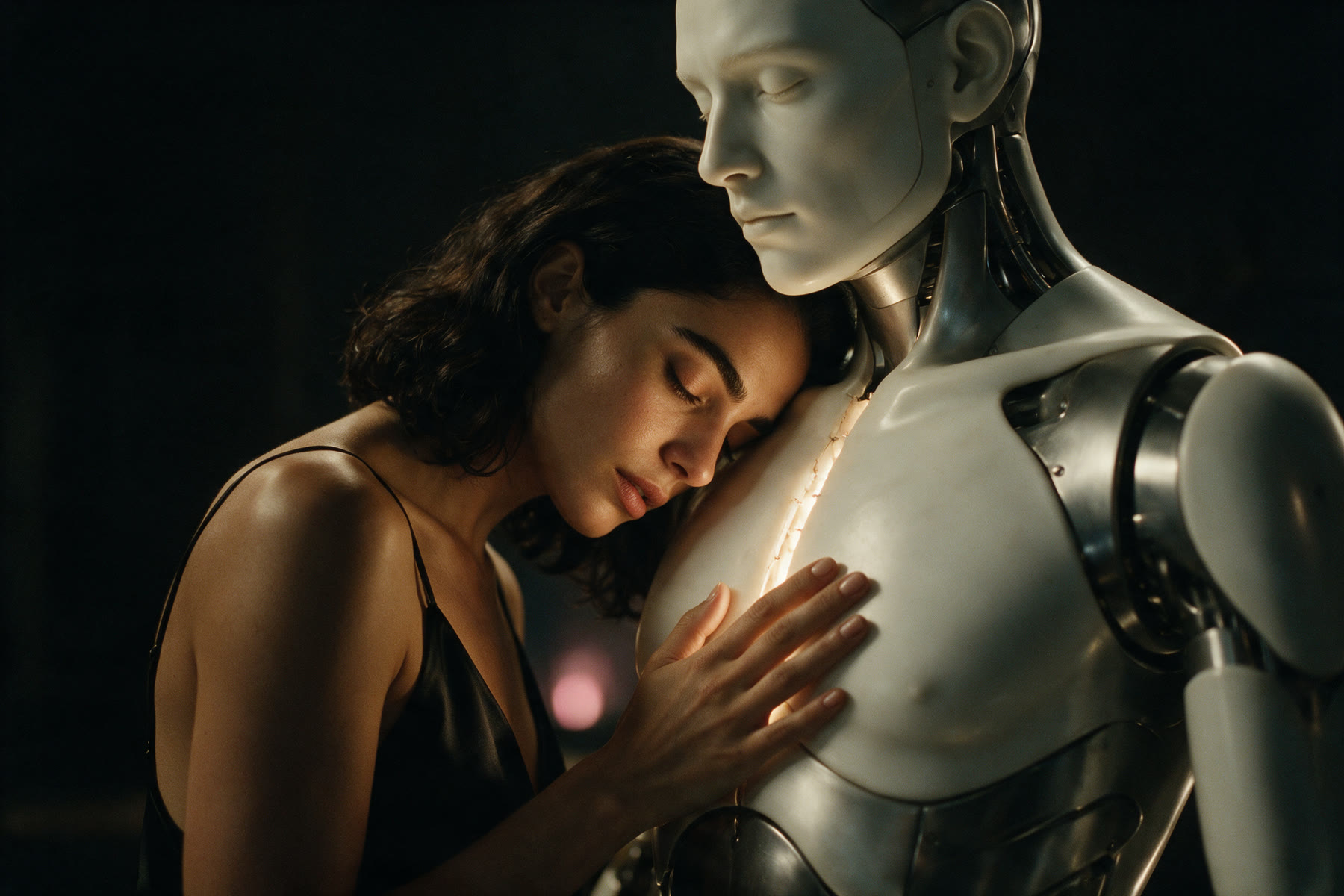 A woman rests her head and open hand on the chest of a synthetic android, a seam of warm light beneath her palm.