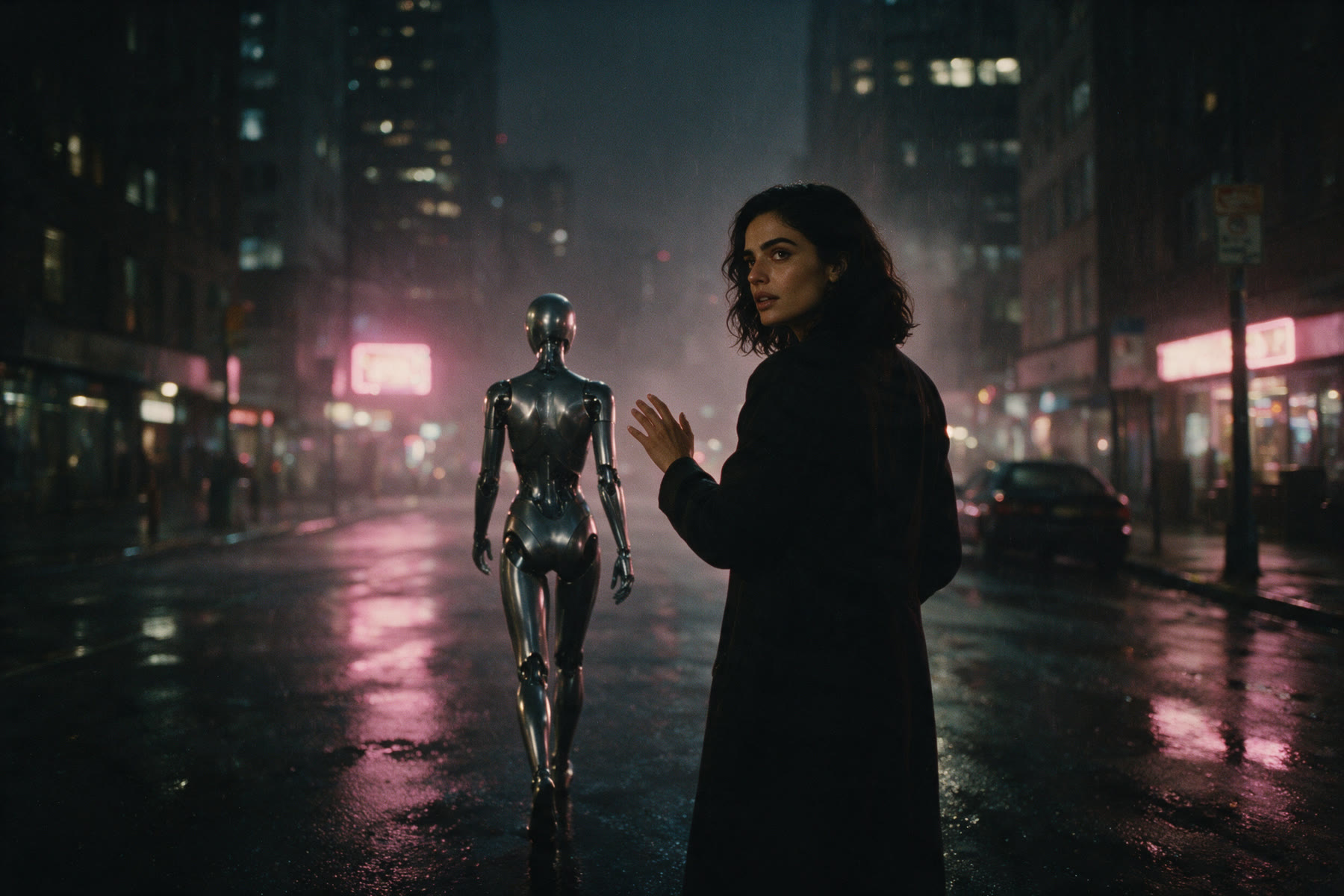 On a rain-slick neon street, a chrome android walks away from a woman in a dark coat, her hand half-raised.