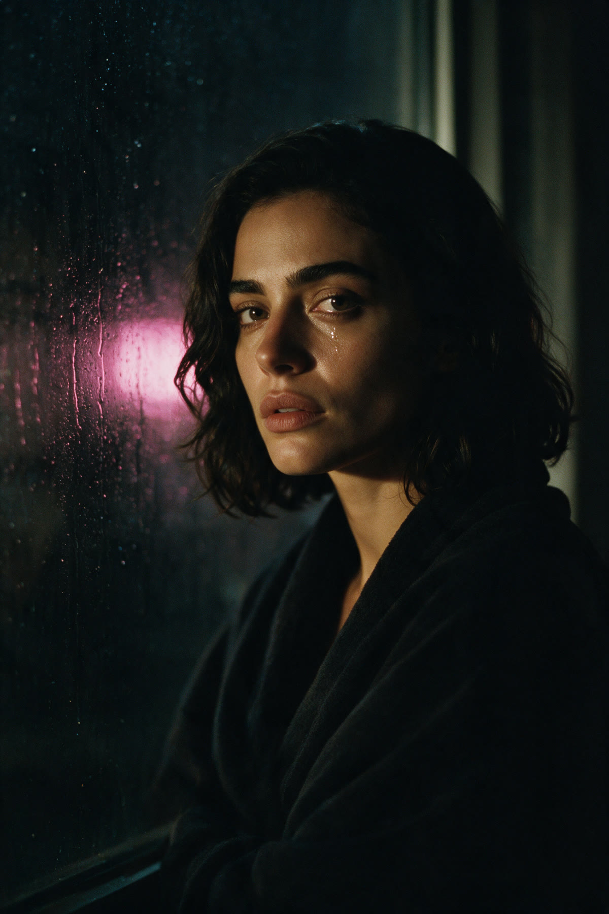 A woman alone at a rain-streaked window at night, a tear on her cheek, a smear of distant pink neon on the cold glass.